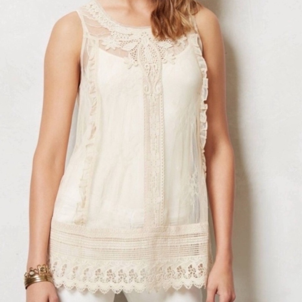 𝅺NEW Anthropologie Moulinette Soeurs Ivory Lace Overlay Cottagecore Tunic Top